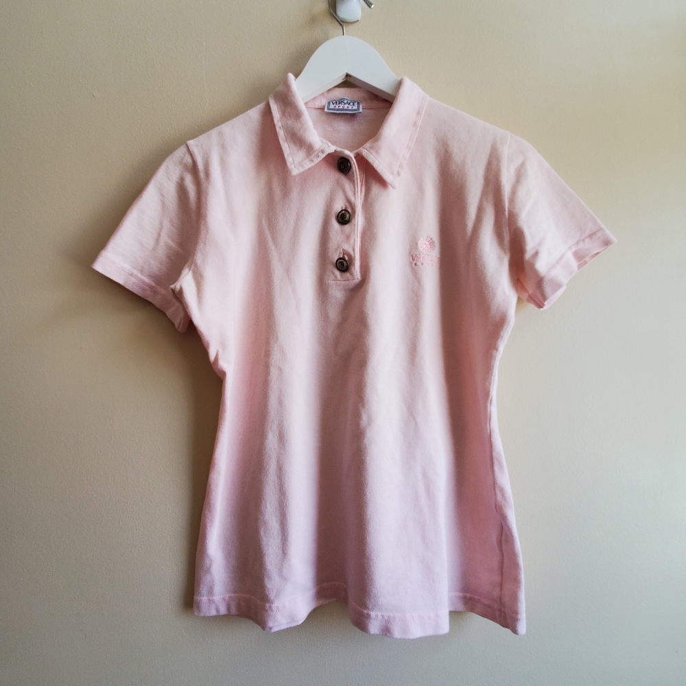 Vintage Versace golf polo shirt pink with button with Versace logo,made in Italy